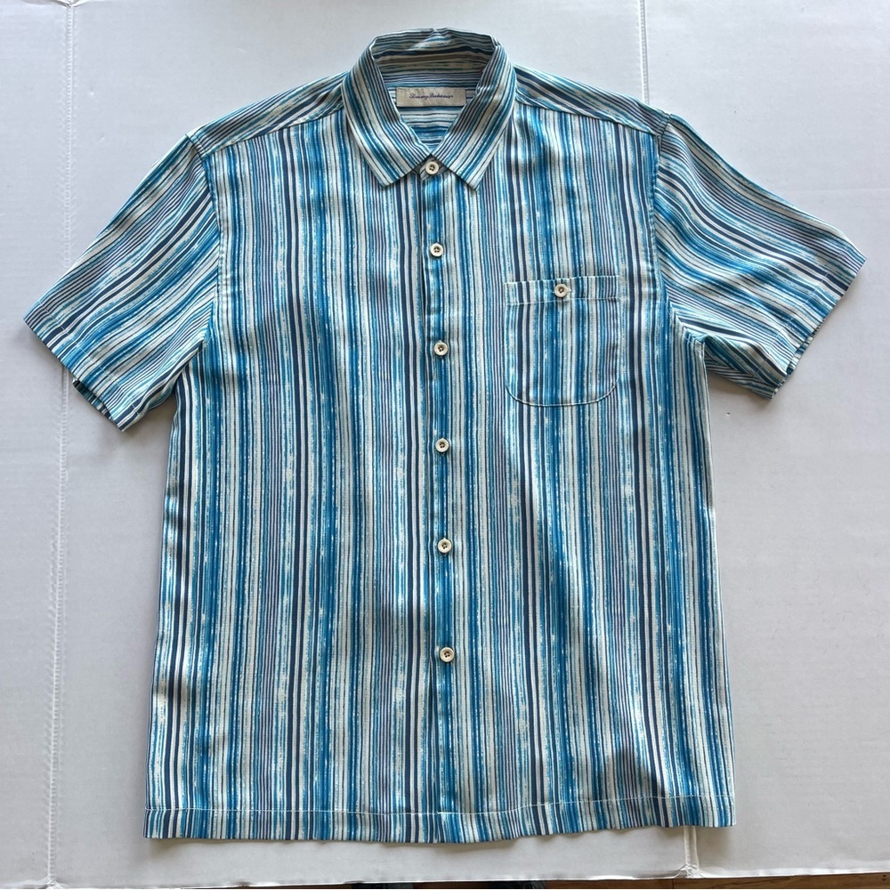 NWT Tommy Bahama men’s Silk shirt short sleeve size large White/blue Color - Picture 1 of 15